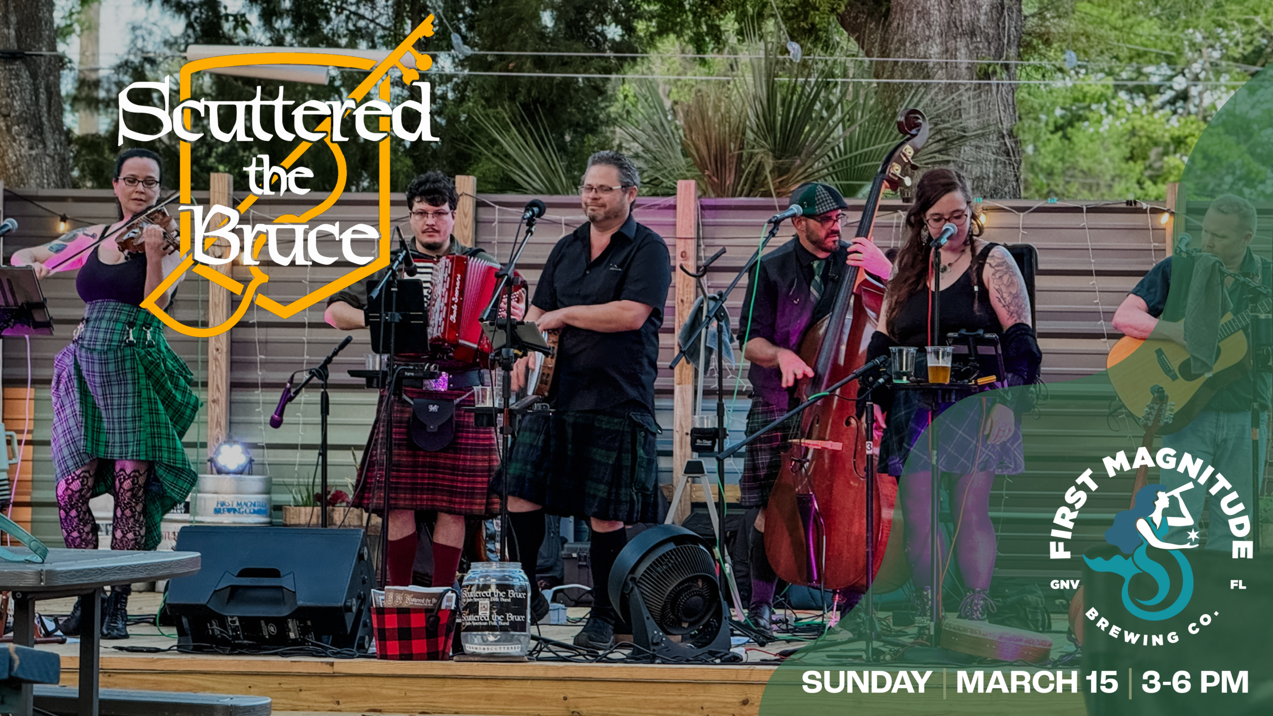 Promotional graphic showing Irish-American folk band Scuttered The Bruce performing live on an outdoor stage at First Magnitude Brewing Company, with event details for Sunday, March 15 from 3–6 PM.