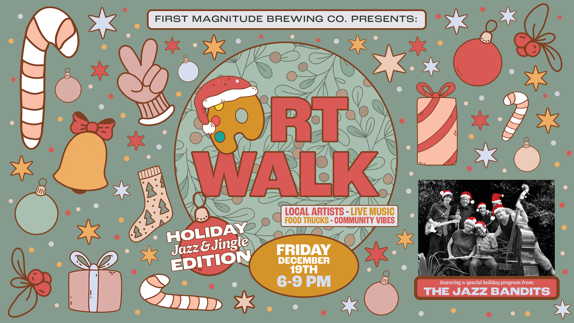 poster for art walk on friday december 19th featuring the jazz bandits and art vendors